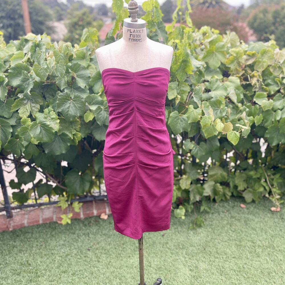 Nicole Miller Party Cocktail Dress Purple Ruched Stretch Women Size 6 Small Silk
